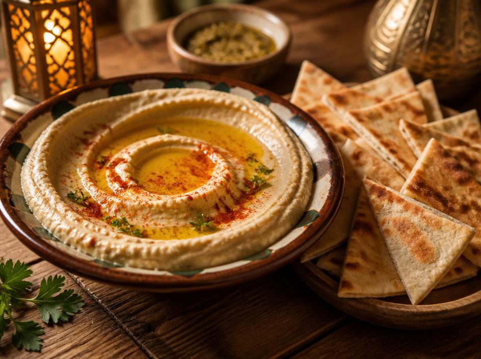Fresh creamy hummus with warm pita bread at Al Amana Market restaurant